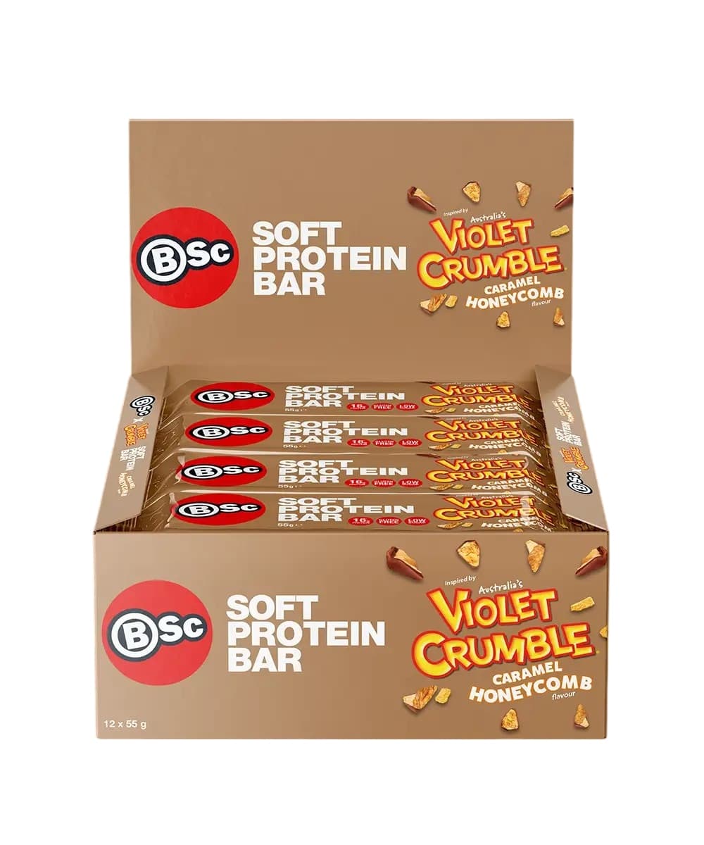 BSc x Violet Crumble Soft Protein Bars Caramel Honeycomb Box 12 x 55g