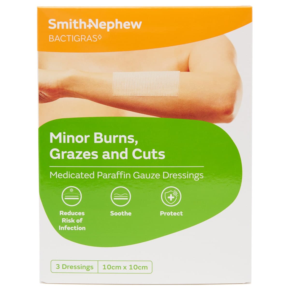 Bactigras Medicated Paraffin Gauze Dressings 10cm x 10cm 3 Pack