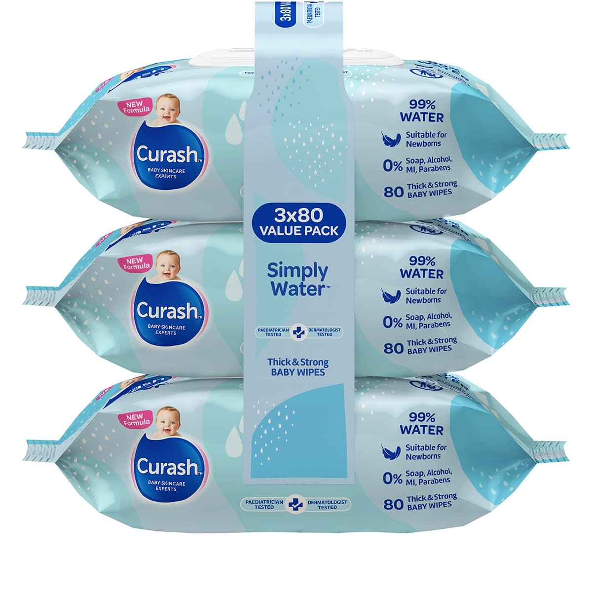 Curash Simply Water Baby Wipes 3 x 80 Pack