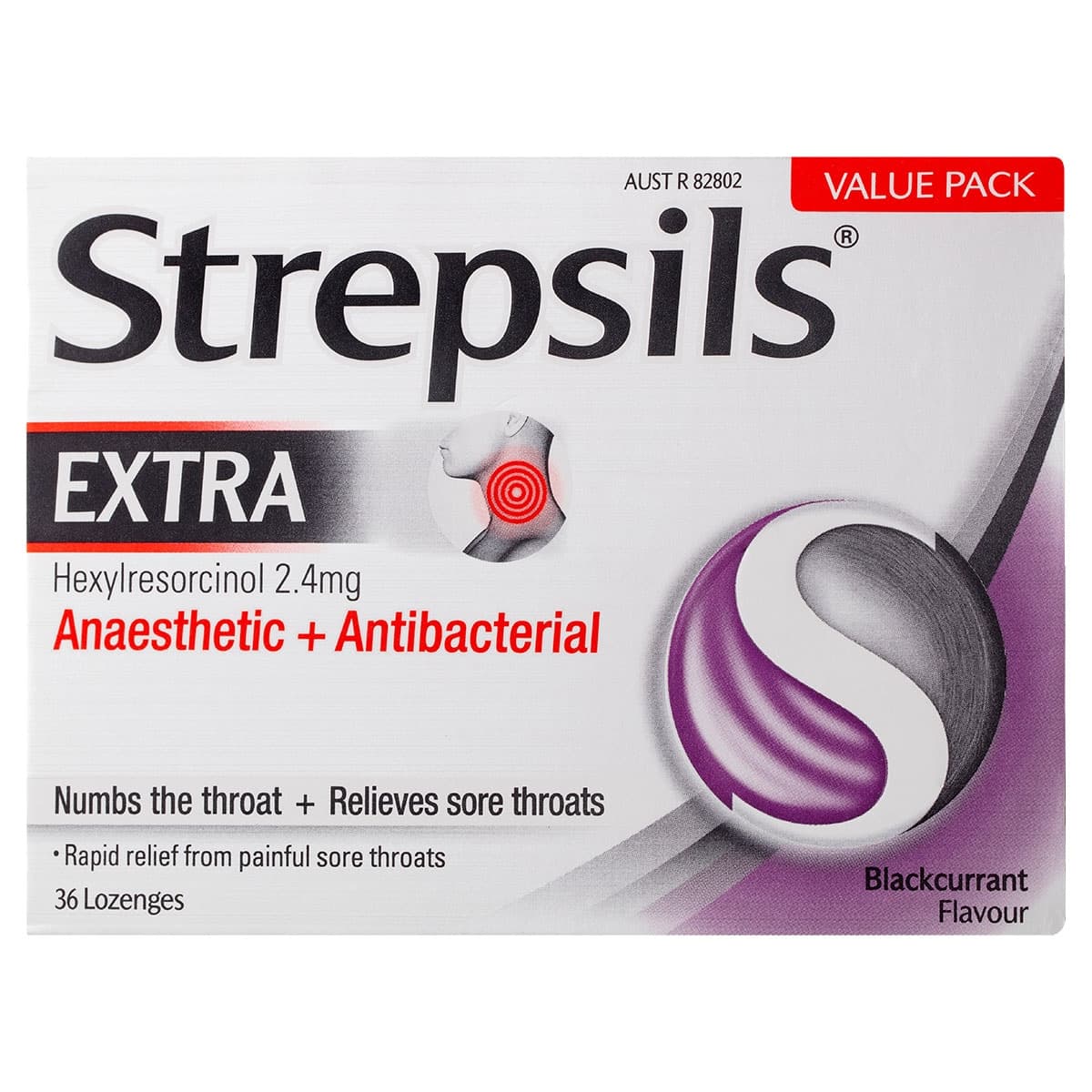 Strepsils Extra Rapid Sore Throat Relief with Anaesthetic Blackcurrant 36 Lozenges